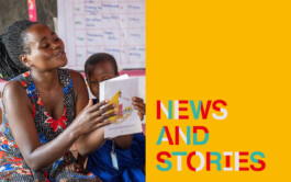 A photo of a teacher reading in a Play Lab in Uganda alongside a text graphic reading